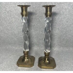 Vtg Lucite Brass Candlestick Holders Pair Twisted Octagon Base Hollywood Regency
